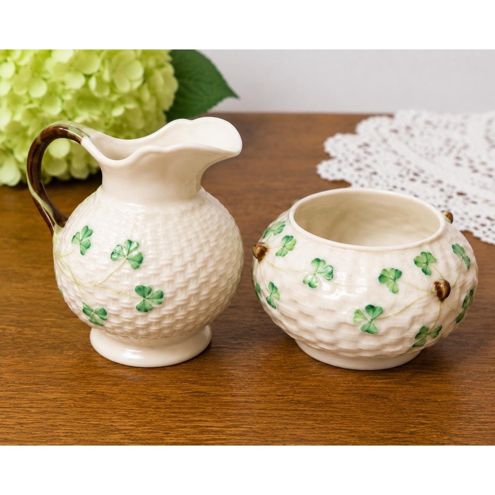 VTG Belleek Ireland Shamrock Cream Sugar Set Irish Creamer Open Bowl Basketweave